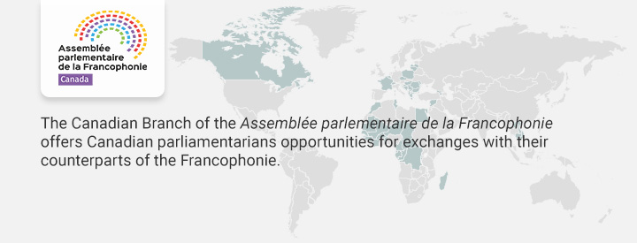 CAPF logo, The Canadian Branch of the Assemblée parlementaire de la Francophonie offers Canadian parliamentarians opportunities for exchanges with their counterparts of the Francophonie.