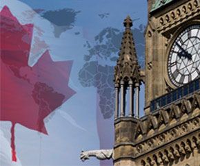 Peace Tower with Canadian flag and map of the world