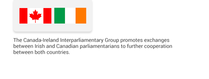 The Canada-Ireland Interparliamentary Group promotes exchanges between Irish and Canadian parliamentarians to further cooperation between both countries.