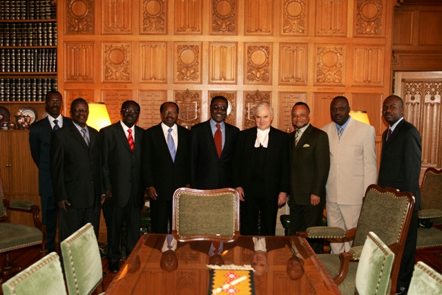 The Honourable Peter Milliken, M.P., Speaker of the House of Commons of Canada, officially greets the Honourable Kolawolé Idji, Speaker of the National Assembly of the Republic of Benin