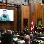 The President of Ukraine, His Excellency, Mr. Volodymyr Zelenskyy, addresses the Canadian Parliament virtually / Le Président Ukrainien, Son Excellence, Monsieur Volodymyr Zelenskyy, s'adresse virtuellement au Parlement canadien

 Ottawa, ONTARIO, on March  15, 2022. 

© HOC-CDC, 2022
Credit: Bernard Thibodeau, House of Commons Photo Services