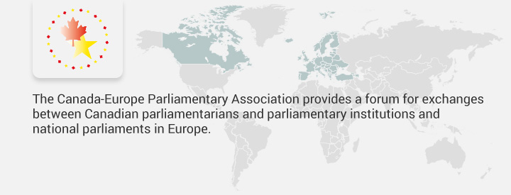 CAEU logo, The Canada-Europe Parliamentary Association provides a forum for exchanges between Canadian parliamentarians and parliamentary institutions and national parliaments in Europe.
